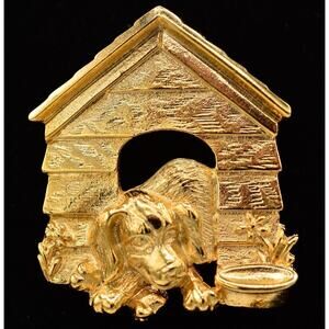 RA Vintage Dog Doghouse Pin Brooch Brushed Gold Signed NOS 1980s BinAH
